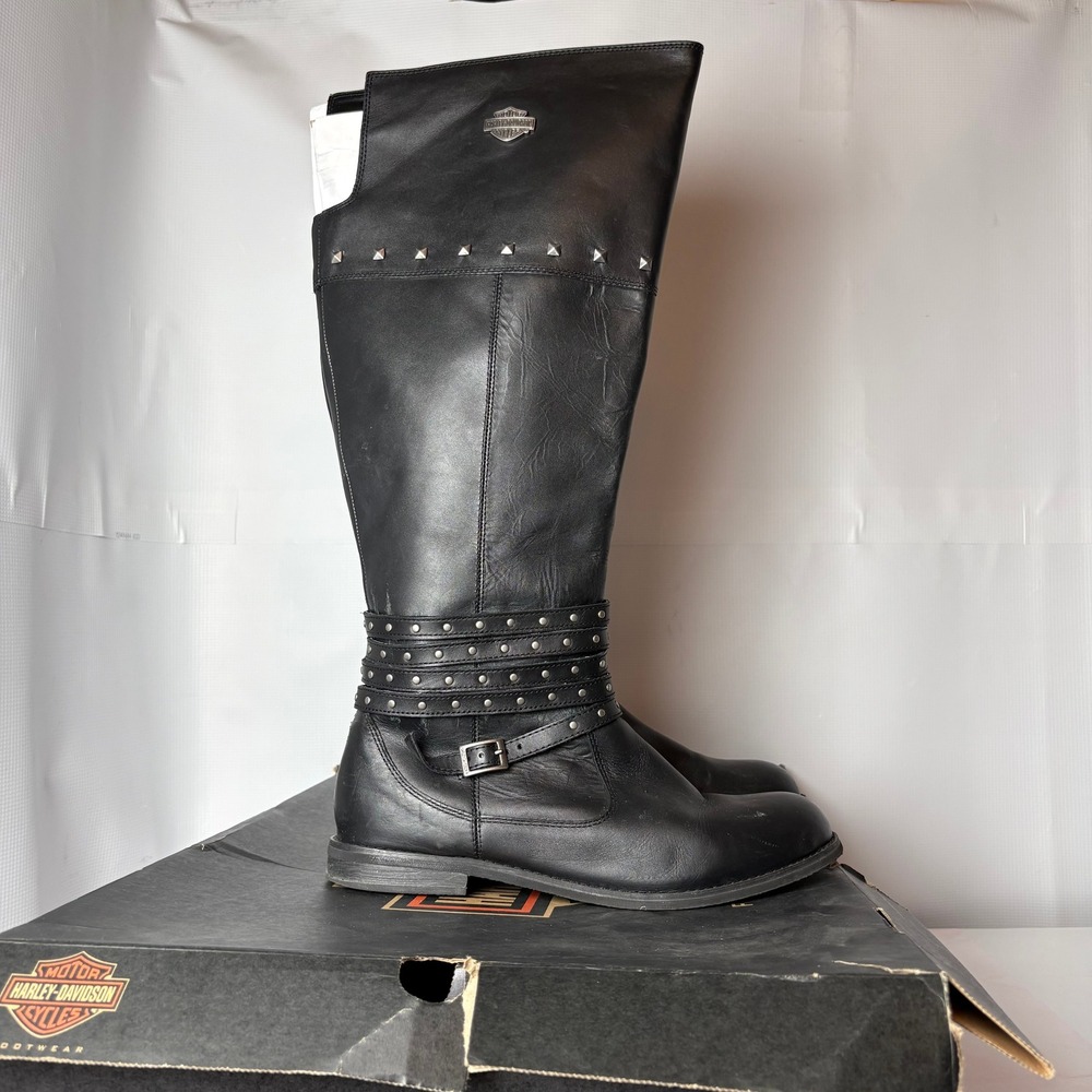 NIB Harley Davidson Keely Black Leather Studded Tall Moto Riding Boots Womens 11